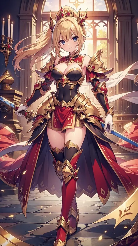 masterpiece, Highest quality, High resolution, Highly detailed CG, Absurd, whole body, One person, alone, a girl in armor and a Crown holding a large sword, white armor, Golden decoration, red_Costume, Off the shoulder, Knee socks, Long Hair, ponytail, Blo...