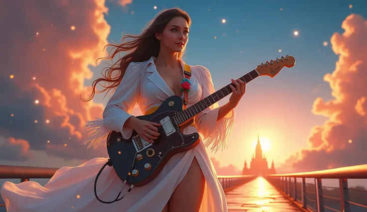 ((nebulae stars panoramic nebula starry_sky sunset spacious Sunshine )) sunrise stance, (holding guitar:1.3) Charocalist:1.3 Guitarist Musician Pianist girl_and_a_Dragon UnrealEngine5 ultra Cinematic_Lighting masterpiece Goddess with large breasts, deep pa...