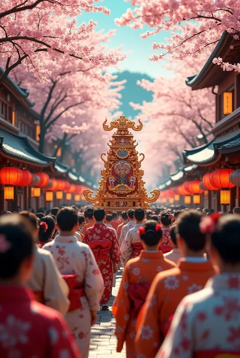 a festival in japan, traditional japanese festival, colorful japanese lanterns, people wearing kimonos, people carrying mikoshi, detailed crowd of people, detailed traditional japanese architecture, detailed japanese cherry blossoms, cinematic lighting, vi...