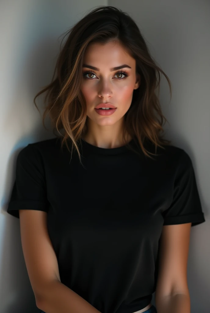 A women who set black t shirt in camera pose
