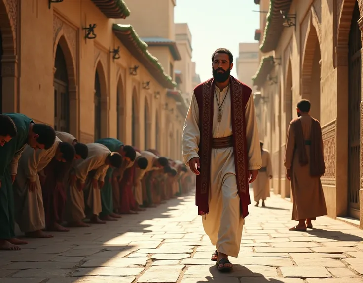 
Man walking down street with others bowing to him in the background in an alley another man standing looking down street Middle Persia 