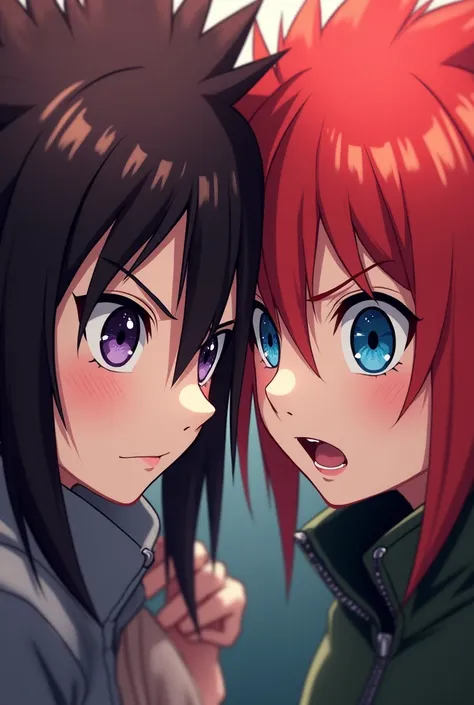 Nuruto hair in fire hair red and blu eyes close poses in two girls 