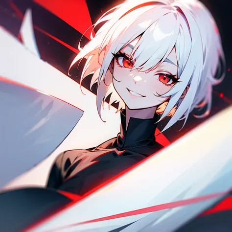 White hair red eyes short hair, smile, eyes close