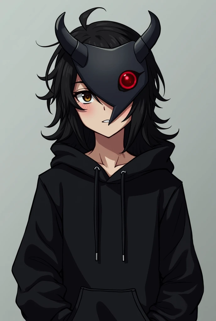 Handsome boy in his teens, dressed in a black sweatshirt with long jet black hair, falling down the back, partially covering his face with an onii demon mask, which mainly rested on the forehead. 