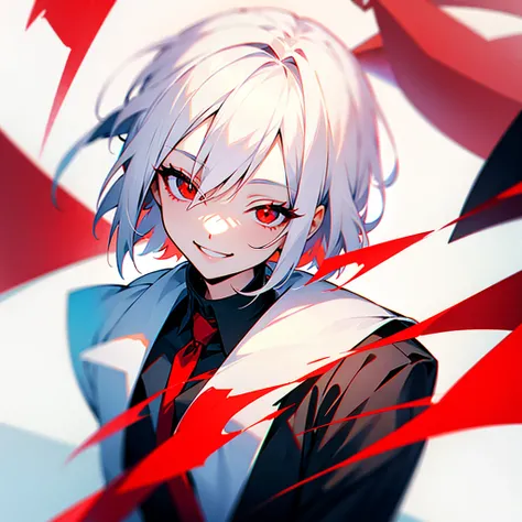 White hair red eyes short hair, smile, eyes close