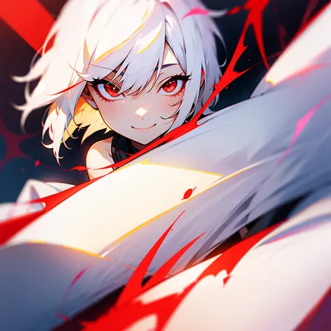 White hair red eyes short hair, smile, eyes close