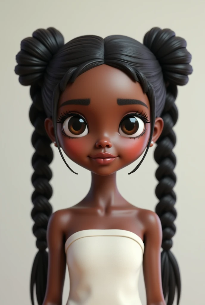 Byte doll with two braids on the sides, a little small fringe in the center and long on the sides, straight eyebrows, Wide nose, cachetona, black eyes, dark skin and wearing a white strapless blouse 