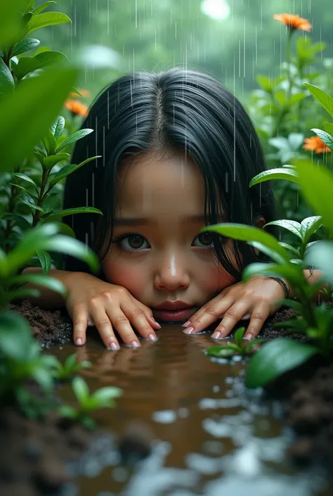 a rainy day, a garden, wet soil, puddles, lush green plants, peaceful atmosphere, serene landscape, beautiful detailed eyes, beautiful detailed face, beautiful detailed hands, intricate details, (best quality,4k,8k,highres,masterpiece:1.2),ultra-detailed,(...