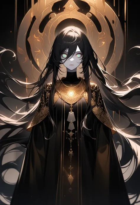 beautiful woman with pale skin and long hair, raven-colored hair, In the style of Artgerm. her eyes glow, like molten gold., and her facial features are thin and sharp. She wears a long one, flowing black silk robe with silver embroidery, depicting strange...