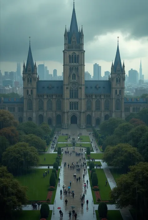 Make a very big school with a rainy sky in a big city