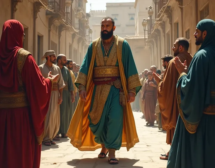 
Man with expensive clothes and ornaments walking down the street with others bowing to him, in the background in an alley, another man standing looking at middle street Persia 