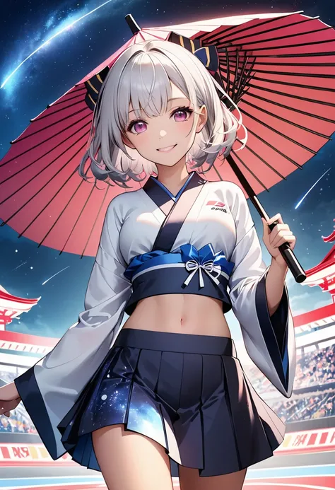 grid girl,(circuit),(((kimono))),(((midriff peek))),(beautiful silver hair),(beautiful pink eyes),smile,(put up an Japanese umbrella),A galaxy-patterned Japanese umbrella.A stage of shooting stars. A world with an original and fantastical atmosphere