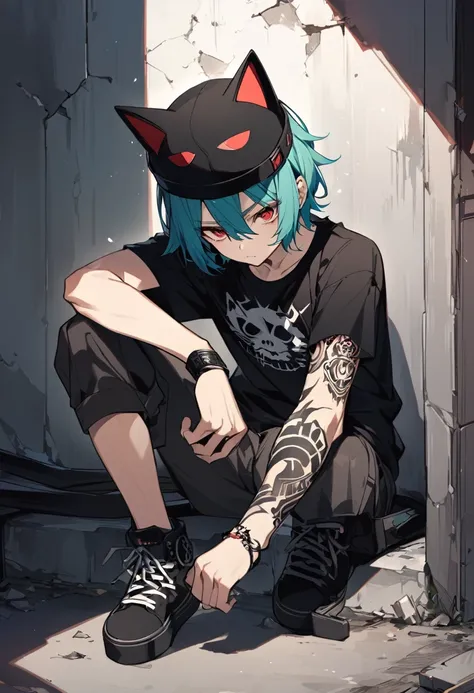 good looking, alone, 1 teenager、A boy who still has a youthful look、 short hair, Turquoise Hair,　Cat ear hat, Red eyes, Black T-shirt, Shorts, Outlaw, Black sneakers、Black tattoo on wrist、Manipulating the Shadows