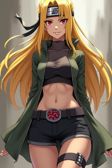 Long yellow-haired girl, wearing a konoha headband and sharingan eyes of the Uchiha clan. Wearing a crop top and shorts 