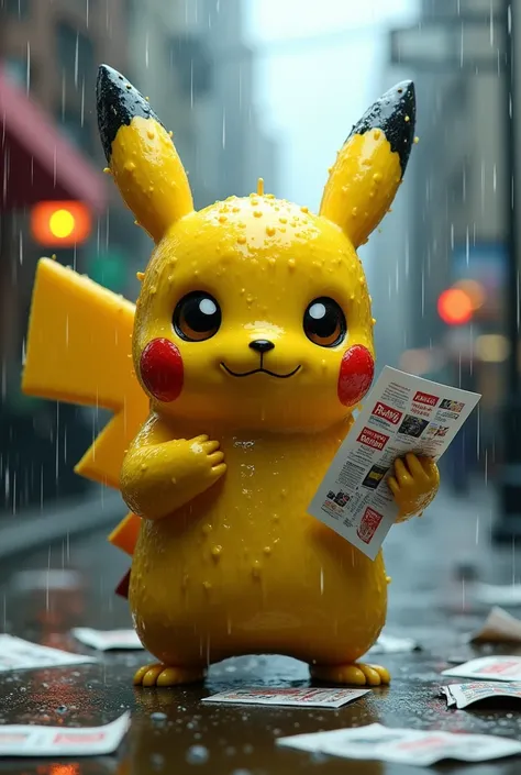 In heavy rain，One is completely wet，Poor anthropomorphic Pikachu，Very small，Standing on the road handing out flyers，There are many discarded flyers scattered on the ground，The background is a street，The picture is very real，Rich in details。Scale 1.1