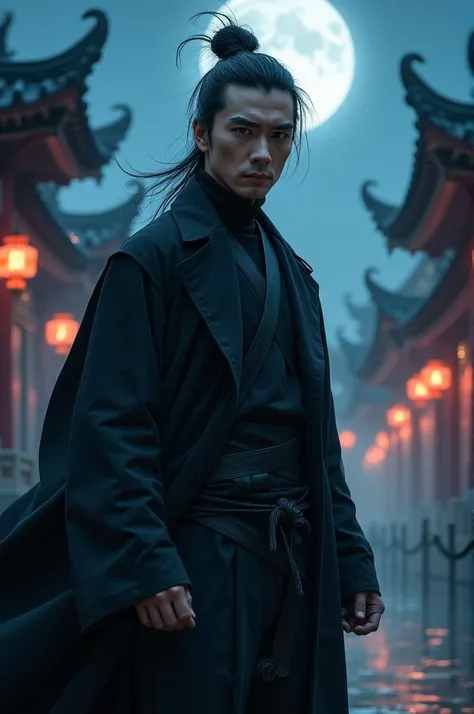 A 2 Asian man，Thick eyebrows，Melon seed face，Handsome face，Mens full body ，A transparent streamer is tied to the body and flutters in the wind，The background is an ancient Chinese town，Time is night。Deep blue sky，A full moon，Lots of black lanterns，Pavilion...