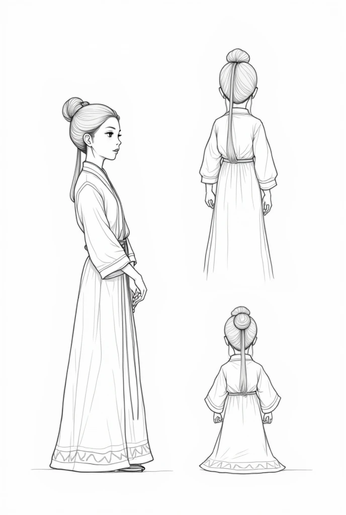 Three views, full body photo, left view, front view, back view, a young girl wearing Hanfu, minimalist, vector, line, draft, black and white, thick line, HD