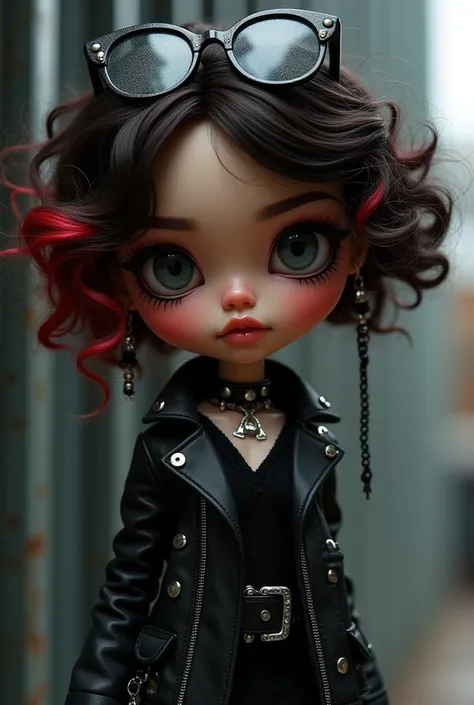 Blythe doll pele MORENA, half sideways, short curly dark brown hair with red highlights, round glasses , gothic, rock girl