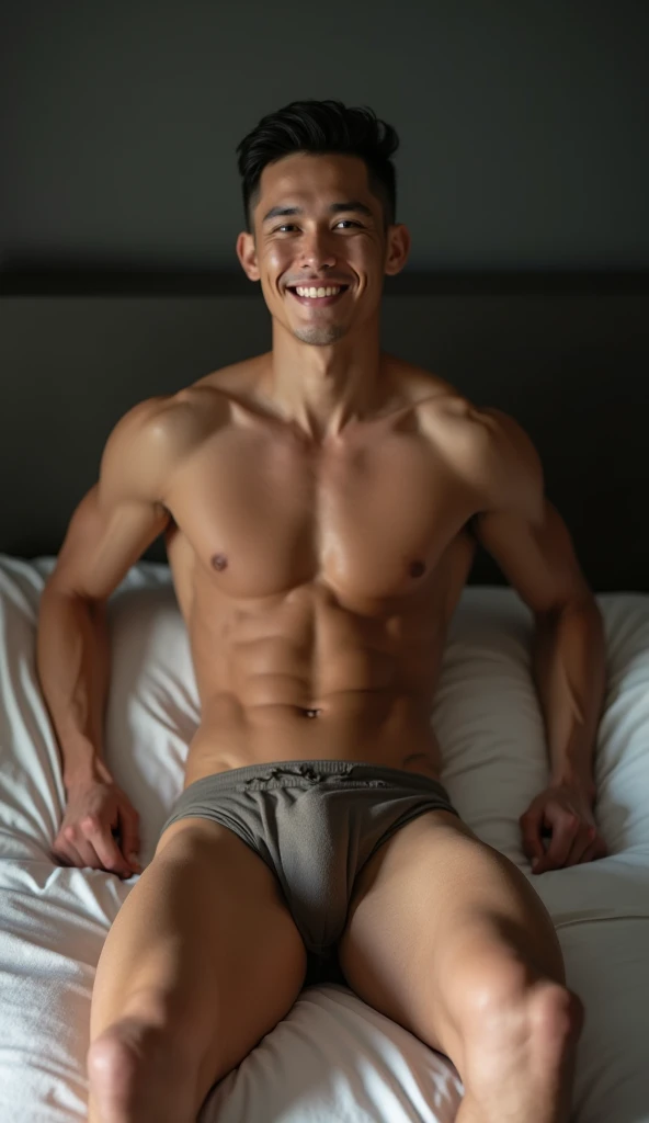 A young smiling Thai muscular naked man lying on the bed , spreading his legs widely opened , show his dick , big bugle, wearing nothing, naked body , nude 