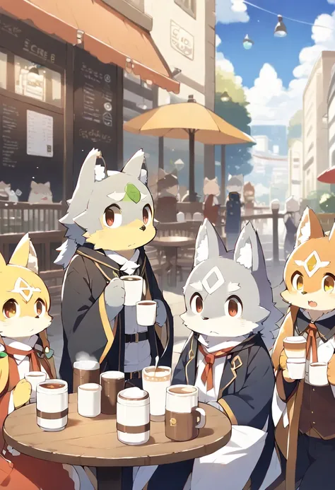 rating_safe, score_9, score_8_up, score_7_up, score_6_up, score_5_up, score_4_up, hires, source_furry(kemono, boy, girl)cafe Terrace, drink, coffee, staff,