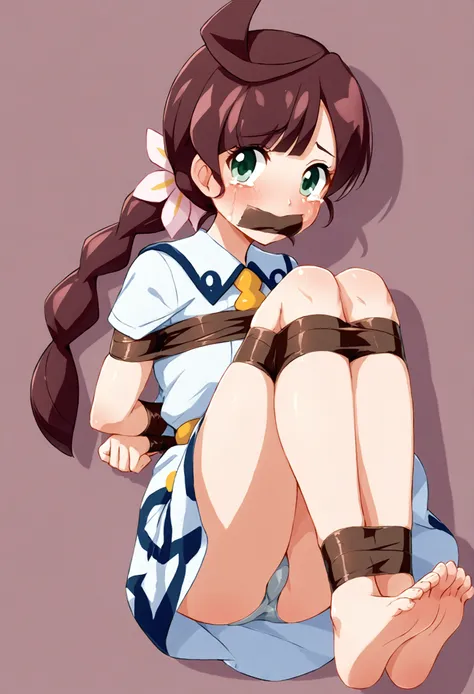 A beautiful anime girl, her hands tied up behind her back with duct tapes, mouth taped shut with duct tapes all around her mouth, knees, ankle ,barefoot,and foot focus are tied together with duct tapes but separated from her hands, she is crying for help, ...