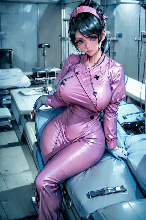 nurse uniform,hospital, latex nurse suit,nurses,busty,elbow gloves,labcoat,black hair woman,blue eyes , gigantic ,medical instru...