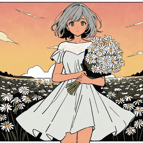 Flat color, woman in white dress, daisy, summer, simple and beautiful color scheme, chic, solo, sunset, bouquet, gray hair