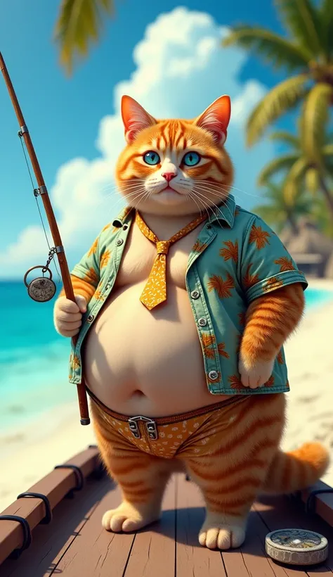 Make a picture of a fat obese orange cat, blue eyes, wear cool beach clothes and a tie, standing fishing on a boat, facing the camera, with a beautiful beach background, full body, wide, super realistic 8k images