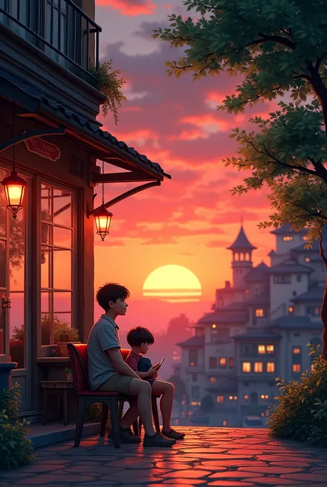 A quiet evening at sunset, with a red horizon on the horizon. Some children boys are sitting in front of a small café in the middle of the beautiful, wonderful city, by the trees.