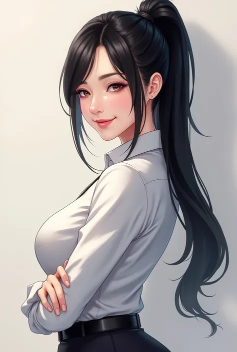 Black Hair、woman、Long Ponytail、White Shirt、uniform、smile、G Cup