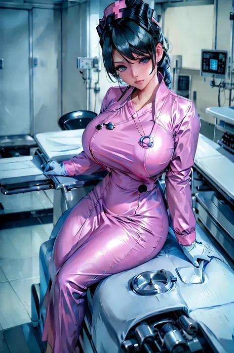 nurse uniform,hospital, latex nurse suit,nurses,busty,elbow gloves,labcoat,black hair woman,blue eyes , gigantic ,medical instru...