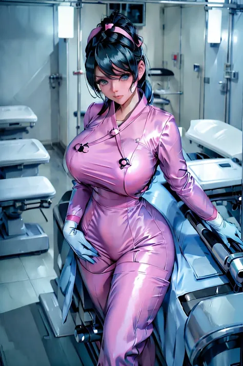 nurse uniform,hospital, latex nurse suit,nurses,busty,elbow gloves,labcoat,black hair woman,blue eyes , gigantic ,medical instru...