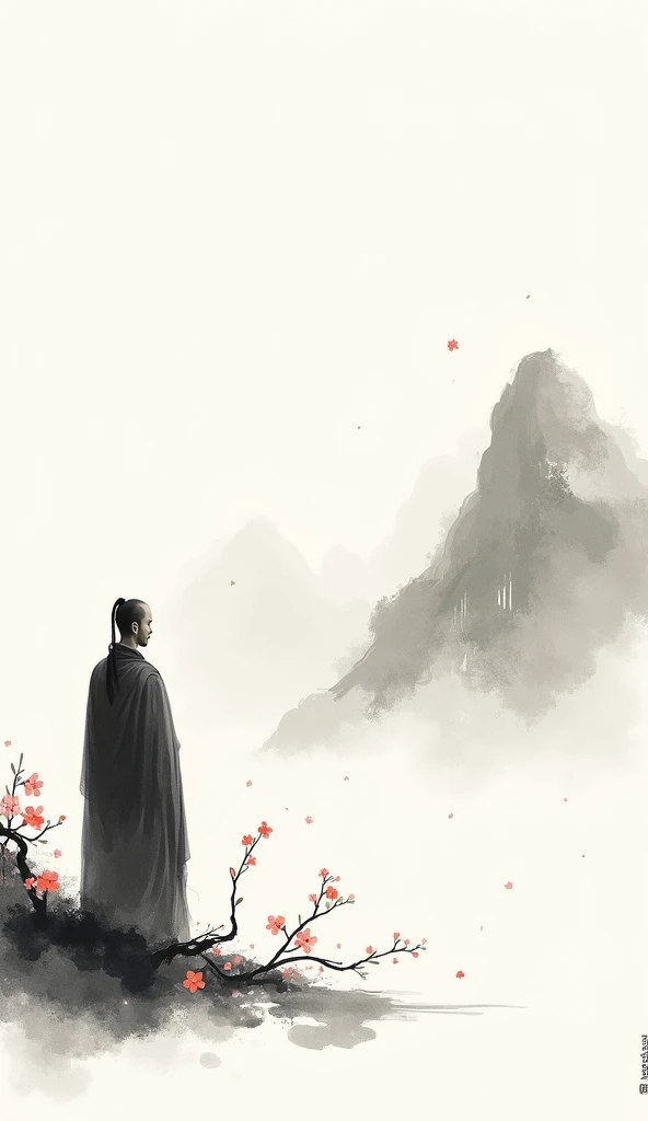 Lots of white space ，White background, simple, Minimalism, Abstract,Hand Painted，Aesthetic，black and white，Ink Painting，，a mountain，There are plum blossoms，Man looking into the distance，Monk，一幅Abstract的艺术插图, author：Xu Shuai, Arte no estilo de Gu Weiss, Shi...