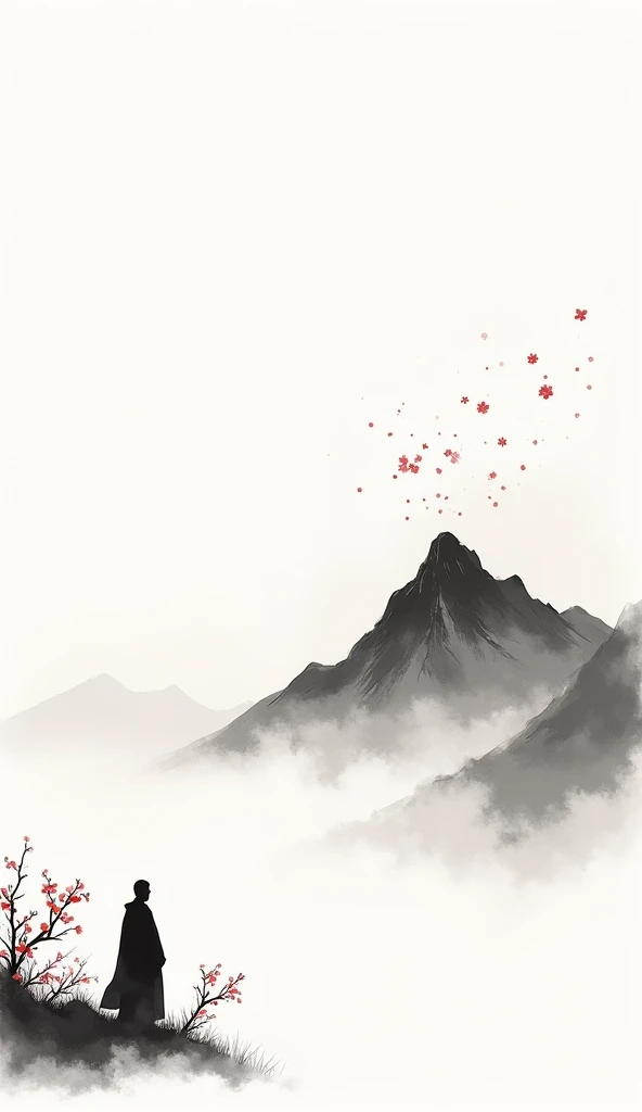 Lots of white space ，White background, simple, Minimalism, Abstract,Hand Painted，Aesthetic，black and white，Ink Painting，，a mountain，There are plum blossoms，Man looking into the distance，Monk，一幅Abstract的艺术插图, author：Xu Shuai, Arte no estilo de Gu Weiss, Shi...