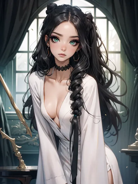 emo_hairstyle, (piercings), (black necktie), ((long hair)), ((straight hair)), (((black hair))), side swept bangs, white skin, pale, white, (green eye), tired expression, choker, ((dark makeup, mascara, eyeshadow)), multiple piercings, best quality, 8k, da...