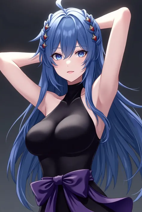 She has long, flowing ブルーhair、The intricate braids and hairpins give it a dynamic look.。The hairstyle frames her delicate face.、Her blue eyes stand out, exuding a gentle yet confident expression.。She is wearing a black sleeveless outfit.、It has purple acce...