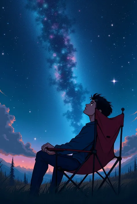 A man sitting in a camping chair、A night sky with fantastic stars、Putting men at the heart of design、A close-up shot of a man taken from below at an angle、Anime characters、Fine details