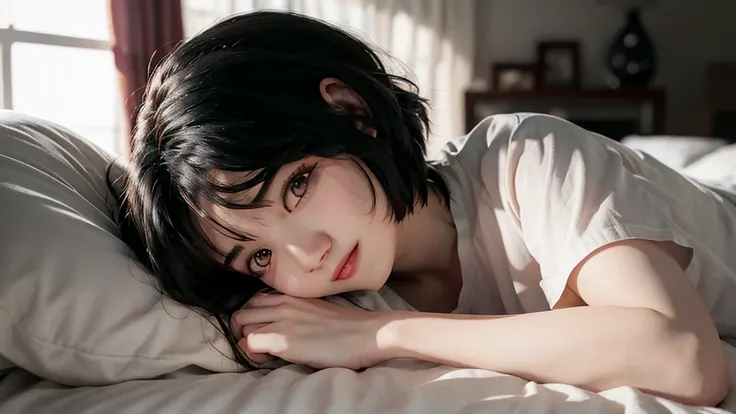 (best-quality:0.8),, (best-quality:0.8), 8k, 8k wallpaper, HDR. UHD, perfect anime illustration, closeup portrait of a pretty woman in the bed, shirt, sad, beauty, morning, wake up, short hair, sleepy, short hair cute, no make up. 