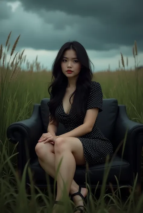 high quality, 8K Ultra HD, professional portrait, a 3 curvy Asian woman, long wavy black hair, wearing a black polka dot dress, black sandals, sitting on a black sofa in the middle of tall grass, dark clouds,