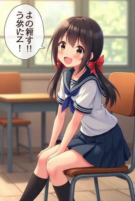 anime style.
1 girl is sitting in a chair facing backwards, School chair faces backwards, backrest is in front of her, she puts own arms over the back of the chair,  school desk behind her.
She is bent over, she spread legs.
The school chair faces backward...