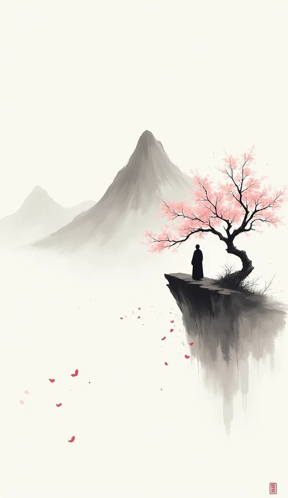 Lots of white space ，White background, simple, Minimalism, Abstract,Hand Painted，Aesthetic，black and white，Ink Painting，，a mountain，There are plum blossoms，Man looking into the distance，Monk，一幅Abstract的艺术插图, author：Xu Shuai, Arte no estilo de Gu Weiss, Shi...