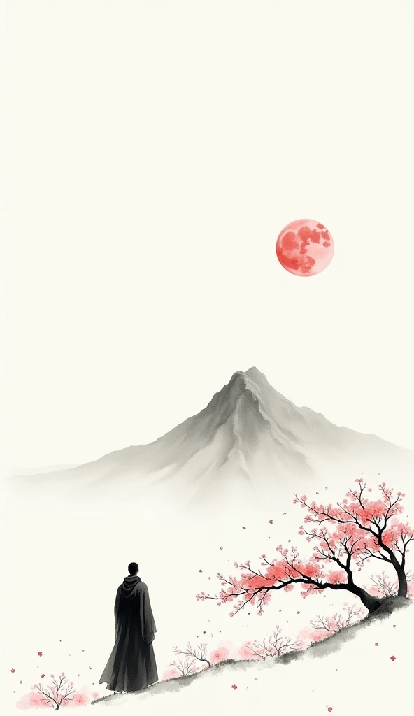 Lots of white space ，White background, simple, Minimalism, Abstract,Hand Painted，Aesthetic，black and white，Ink Painting，，a mountain，There are plum blossoms，Man looking into the distance，Monk，一幅Abstract的艺术插图, author：Xu Shuai, Arte no estilo de Gu Weiss, Shi...