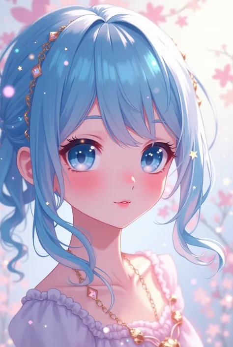 Anime girl cute image with blue eyes and light blue and pink hair