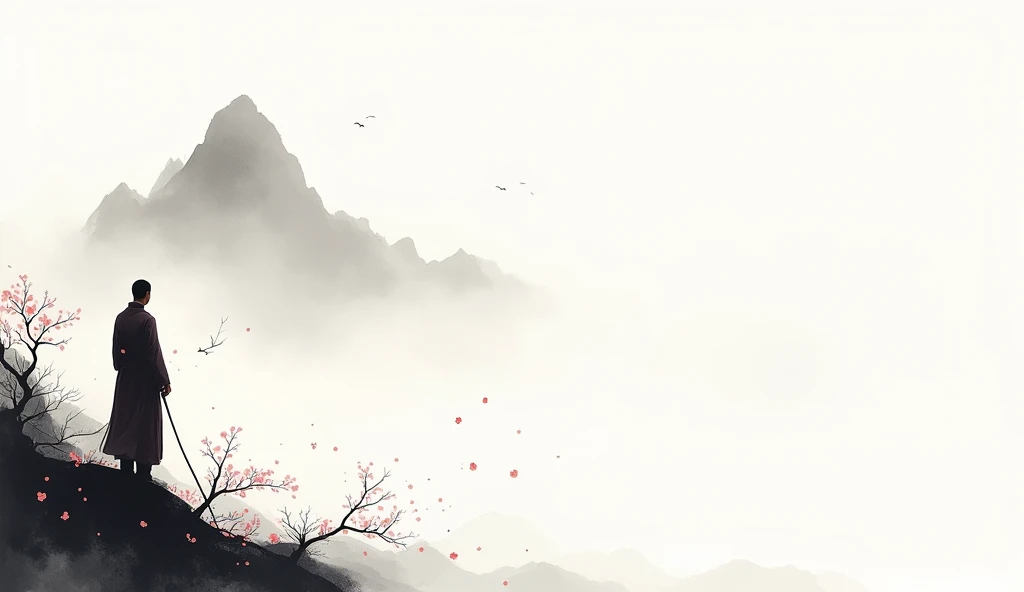 Lots of white space ，White background, simple, Minimalism, Abstract,Hand Painted，Aesthetic，black and white，Ink Painting，，a mountain，There are plum blossoms，Man looking into the distance，Monk，一幅Abstract的艺术插图, author：Xu Shuai, Arte no estilo de Gu Weiss, Shi...