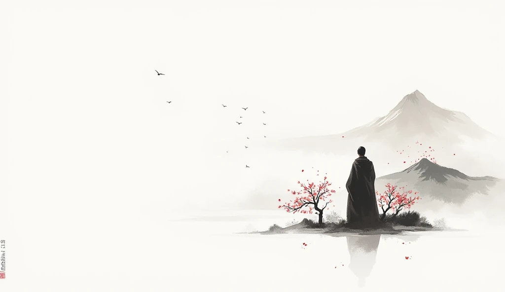 Lots of white space ，White background, simple, Minimalism, Abstract,Hand Painted，Aesthetic，black and white，Ink Painting，，a mountain，There are plum blossoms，Man looking into the distance，Monk，一幅Abstract的艺术插图, author：Xu Shuai, Arte no estilo de Gu Weiss, Shi...