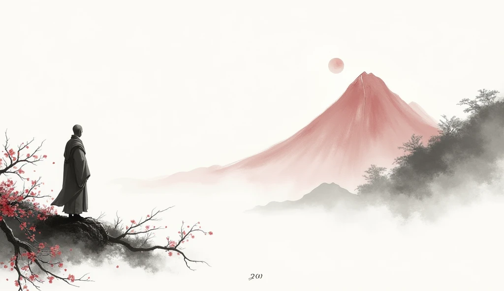 Lots of white space ，White background, simple, Minimalism, Abstract,Hand Painted，Aesthetic，black and white，Ink Painting，，a mountain，There are plum blossoms，Man looking into the distance，Monk，一幅Abstract的艺术插图, author：Xu Shuai, Arte no estilo de Gu Weiss, Shi...