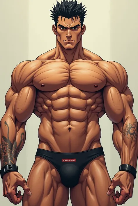 Muscular anime style man with large private parts marked in tight underwear