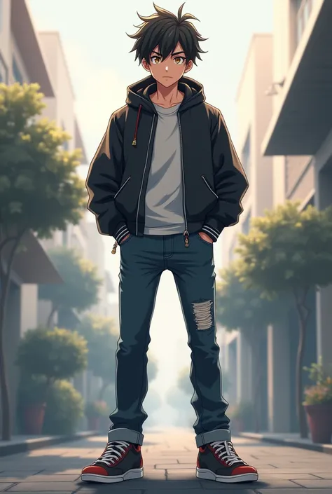 A young and fit anime character standing. He is wearing a stylish jacket on his upper body, paired with jeans on his legs, and casual shoes. The character has a sharp and energetic look, short tousled hair, and intense eyes. The background is a simple urba...