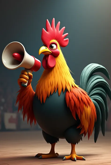 Realistic cartoon fighting cock holding a megaphone to announce