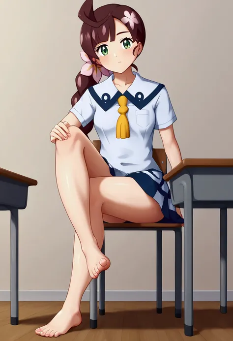 masterpiece,best quality, 1girl, school uniform, sitting on chair, cross leg, class room,show bare feet ï¼Sole of foot
